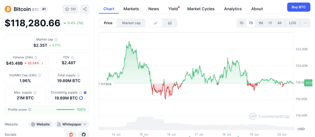 نمودار قیمت و اطلاعات بازار بیت کوین - منبع: CoinMarketCap